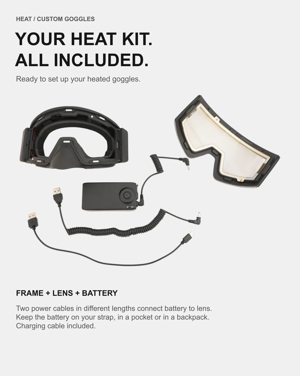 Heat kit: frame, lens, battery, two power cables and charging cable | all-groups