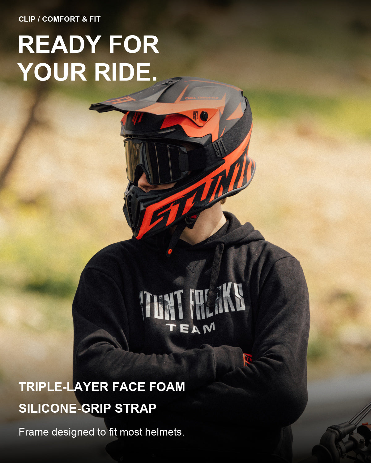 CLIP goggles with triple-layer foam and silicone-grip strap worn with helmet | all-groups