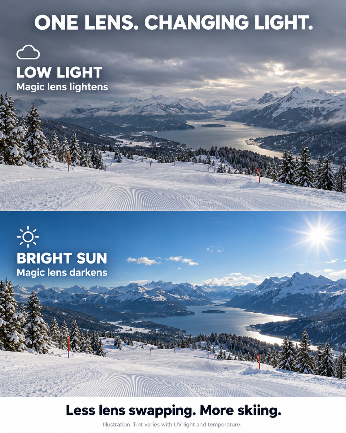 Magic photochromic lens illustration: lightens in low light and darkens in bright sun.